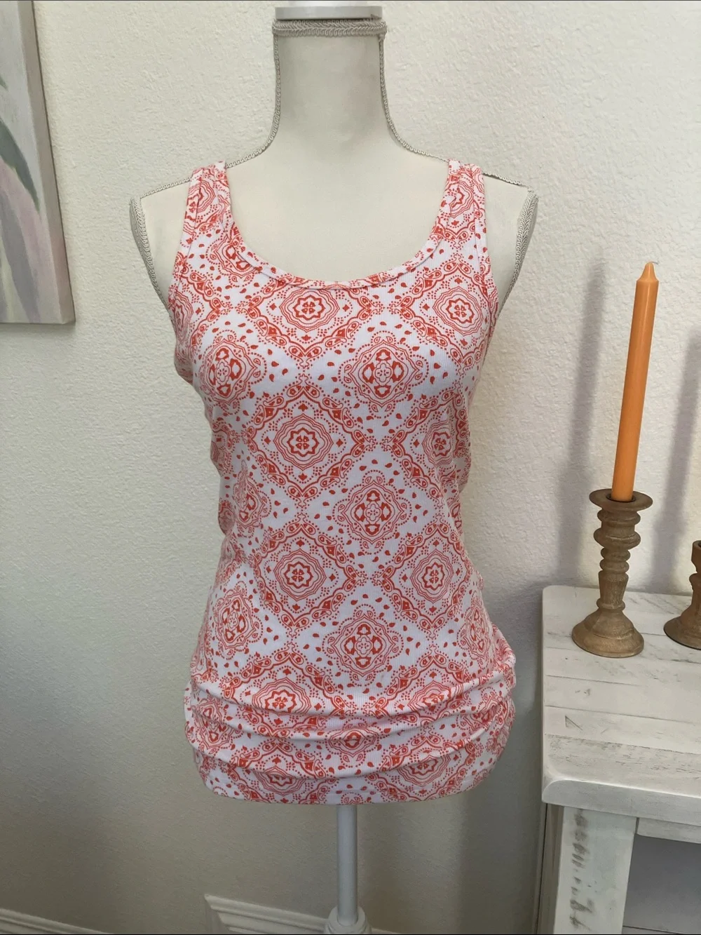 Y2k Faded Glory Coral and White Printed Scoop Neck Tank